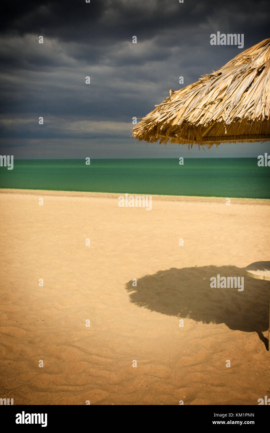 La paglia ombrellone sulla spiaggia di South Beach Foto Stock