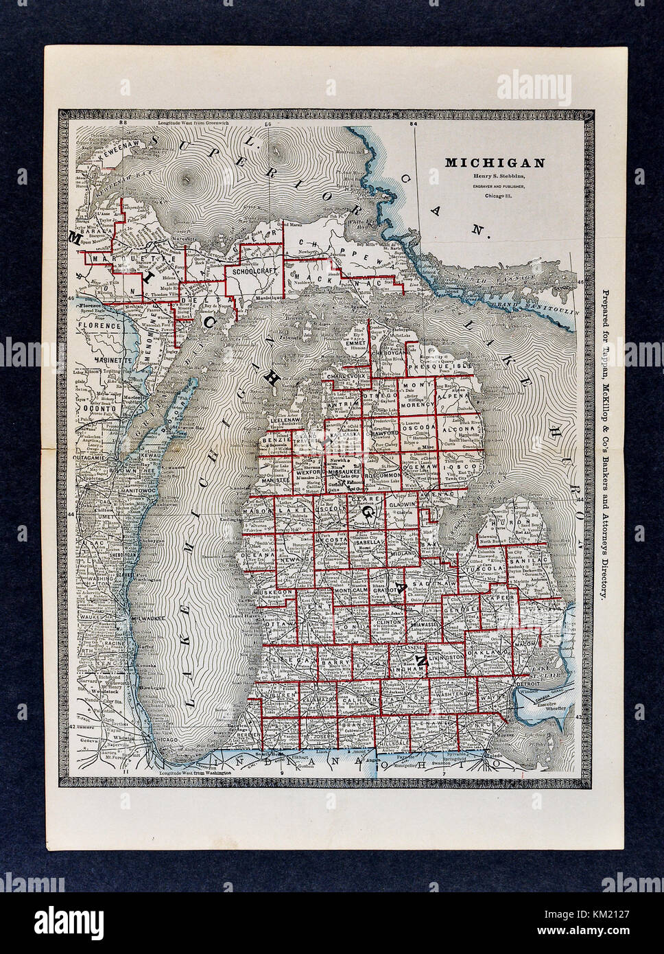 George Cram mappa Antichi dal 1866 Atlas per avvocati e banchieri: Stati Uniti - Michigan - Lansing Detroit Saginaw Bay Kalamazoo Mackinaw Mackinac Foto Stock