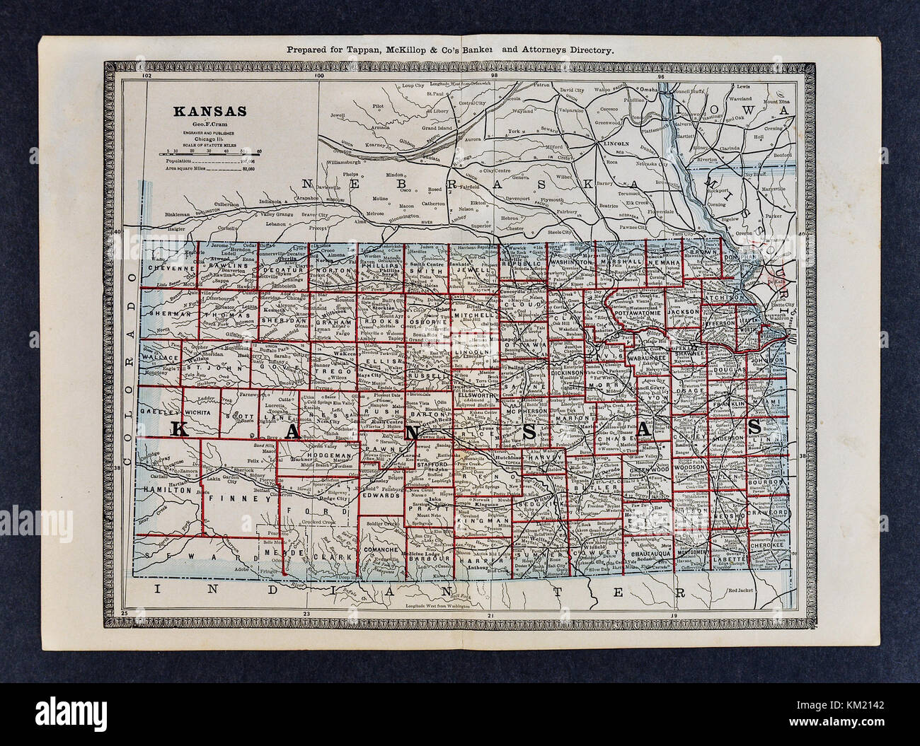 George Cram mappa Antichi dal 1866 Atlas per avvocati e banchieri: Stati Uniti - Kansas - Topeka Wichita Lawrence Foto Stock