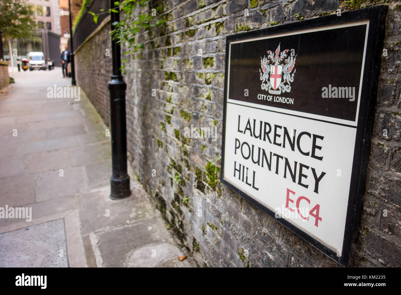 Un cartello stradale per Laurence Pountney Hill, città di Londra, Regno Unito Foto Stock