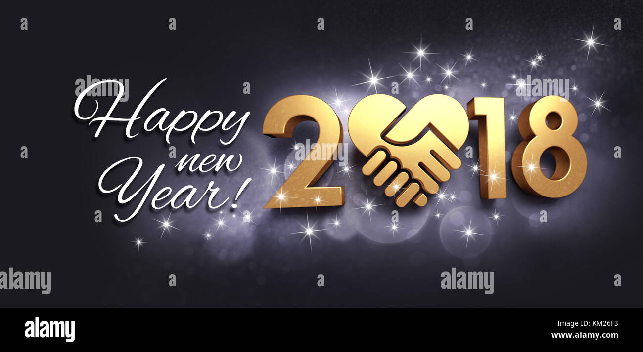 Saluti e nuova data dell'anno 2018, composto con un cuore d'oro, scintillanti su uno sfondo nero - 3D illustrazione Foto Stock