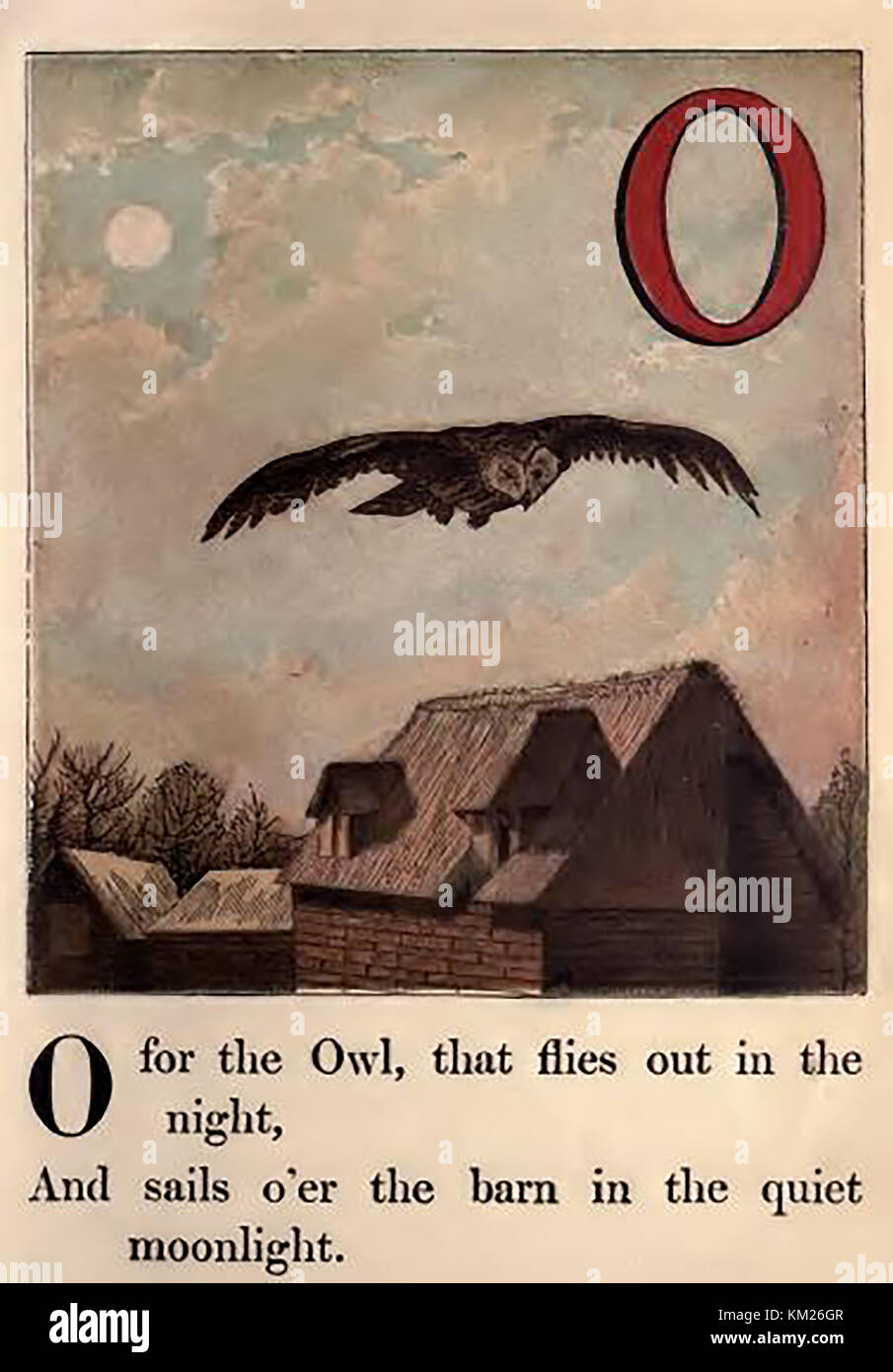Una storica vittoriana colorati per bambini libro ABC illustrazione - o per il gufo volando sopra la stalla in una fattoria Foto Stock