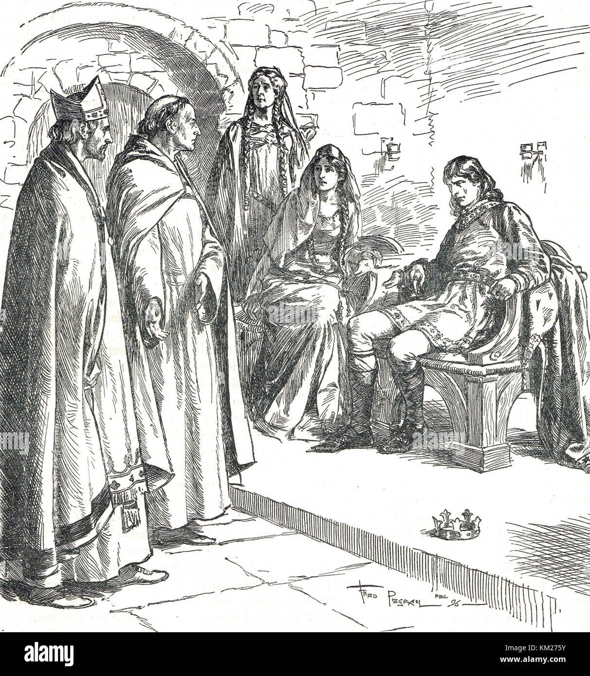 Dunstan rimproverò Edwy (Eadwig) alla presenza di Elgiva (Aelfgifu), 955 d.C. Foto Stock