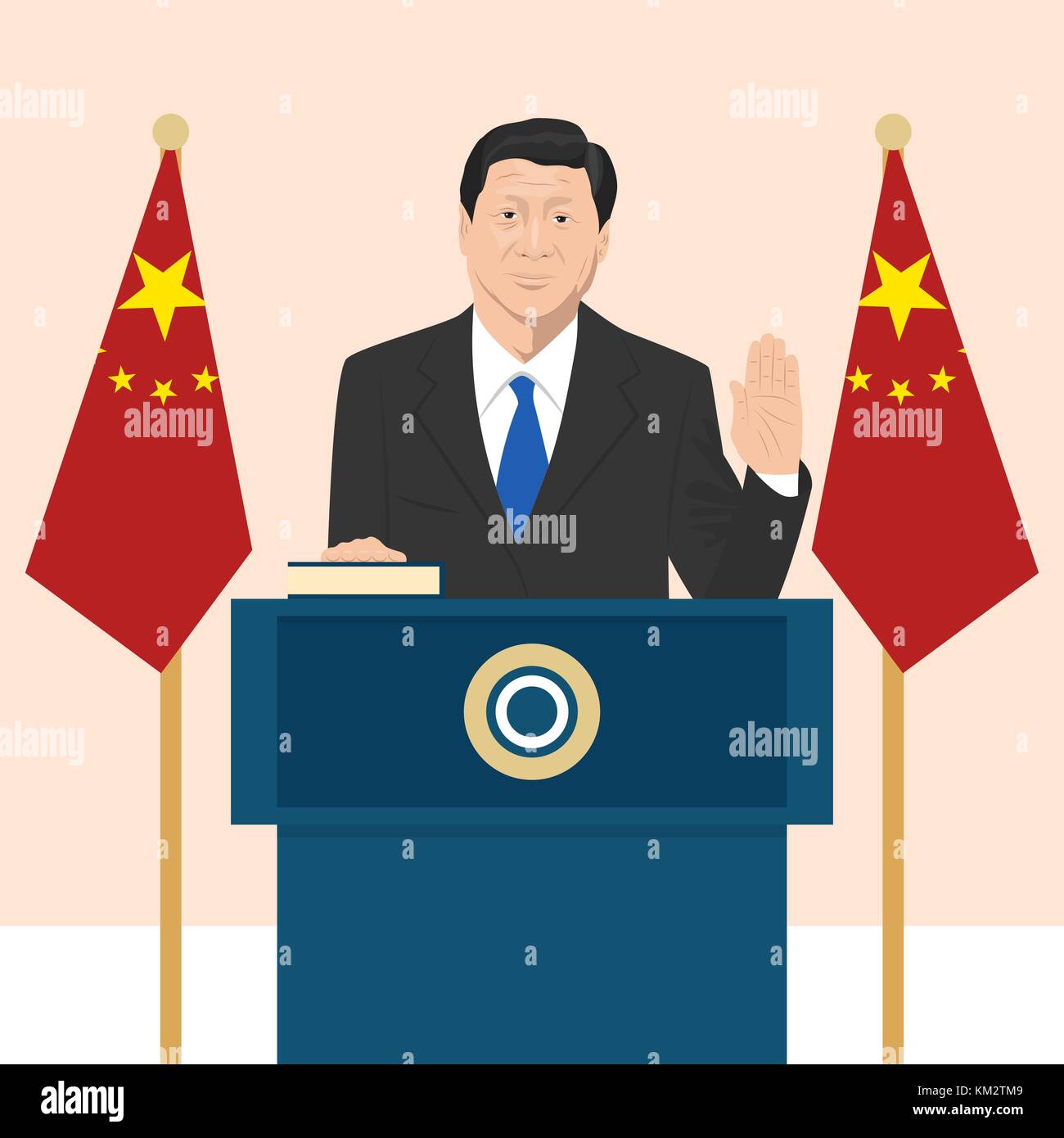 02.12.2017 llustrazione editoriale del presidente della repubblica popolare di cina xi jinping che sta prendendo un giuramento sulla bandiera francese sullo sfondo. Illustrazione Vettoriale