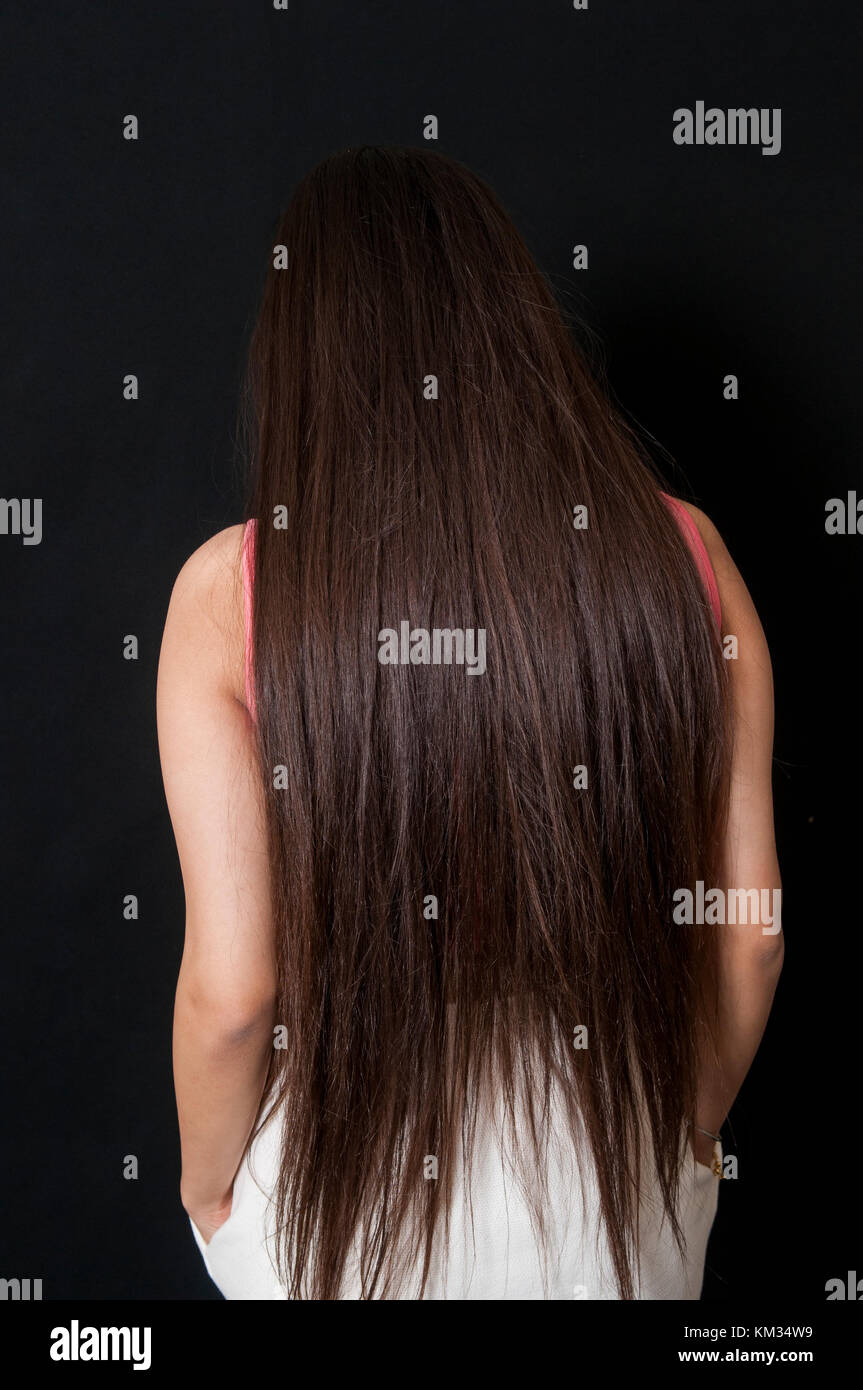 Vista posteriore di una giovane donna indiana con lunghi capelli scuri Foto Stock