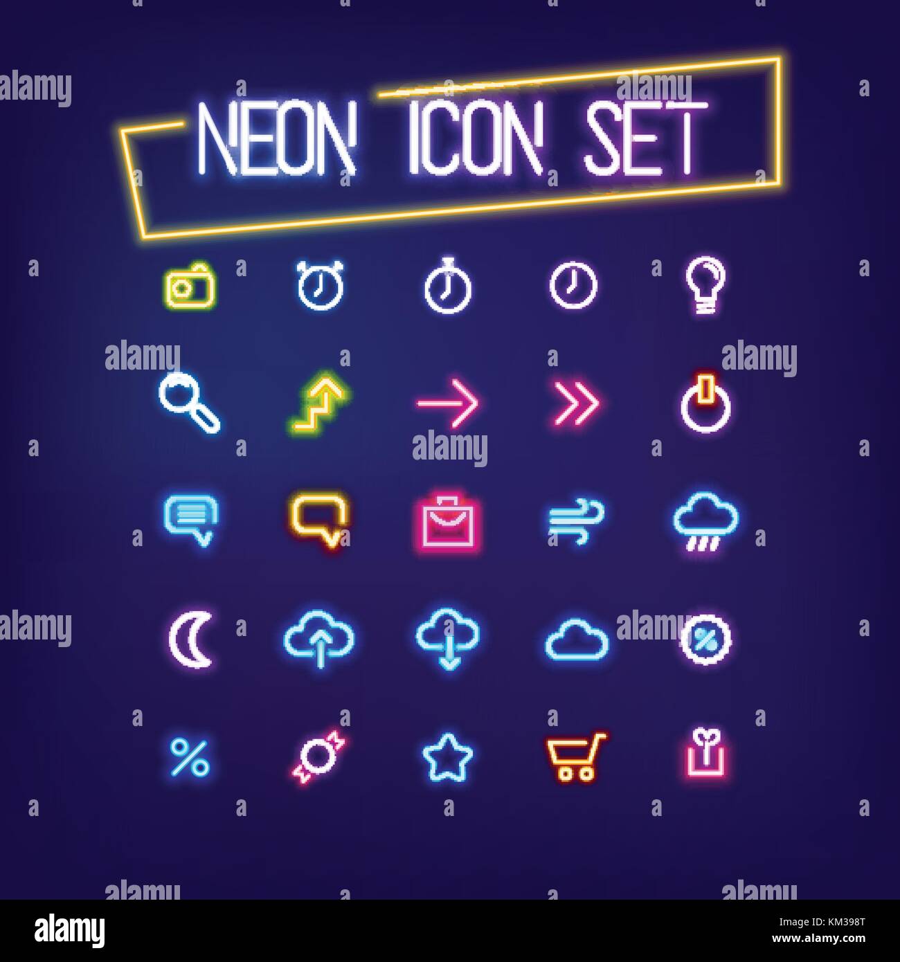 Il Neon business icon set segno Illustrazione Vettoriale