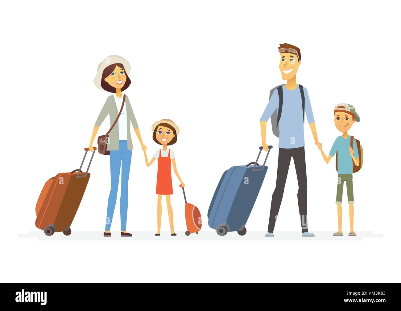 Famiglia in vacanza - cartoon persone caratteri illustrazione isolato su sfondo bianco. Sorridendo i genitori e i figli in piedi con il bagaglio indossando ca Illustrazione Vettoriale