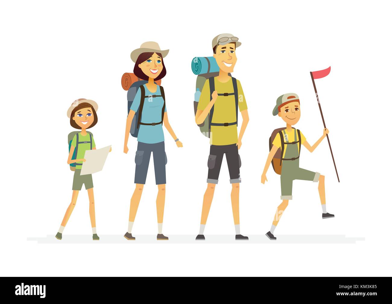 Famiglia va escursionismo - cartoon persone caratteri illustrazione isolato su sfondo bianco. giovani genitori con bambini sono in vacanza in campeggio in speci Illustrazione Vettoriale