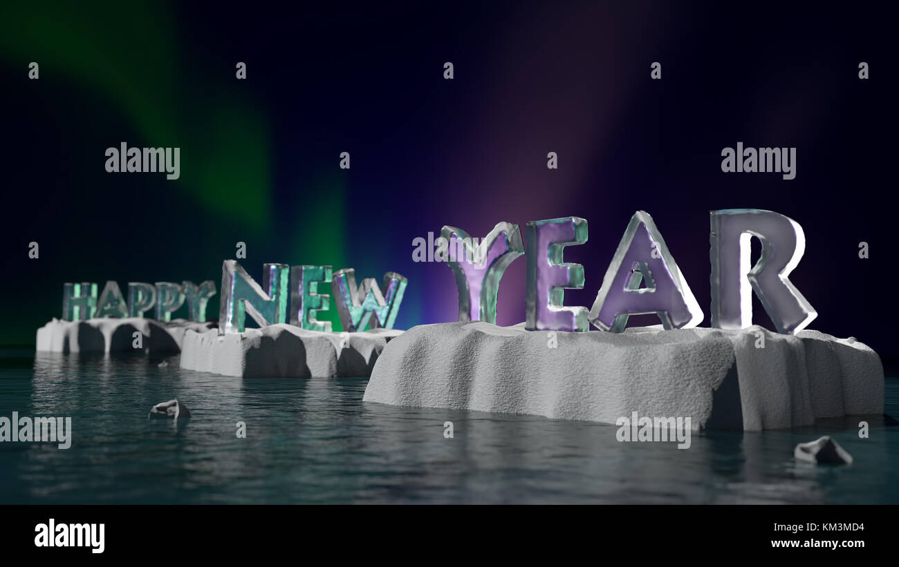3D rendering di icy felice anno nuovo parole posti su ghiaccio floes galleggianti sulla superficie del mare contro aurora boreale sky Foto Stock