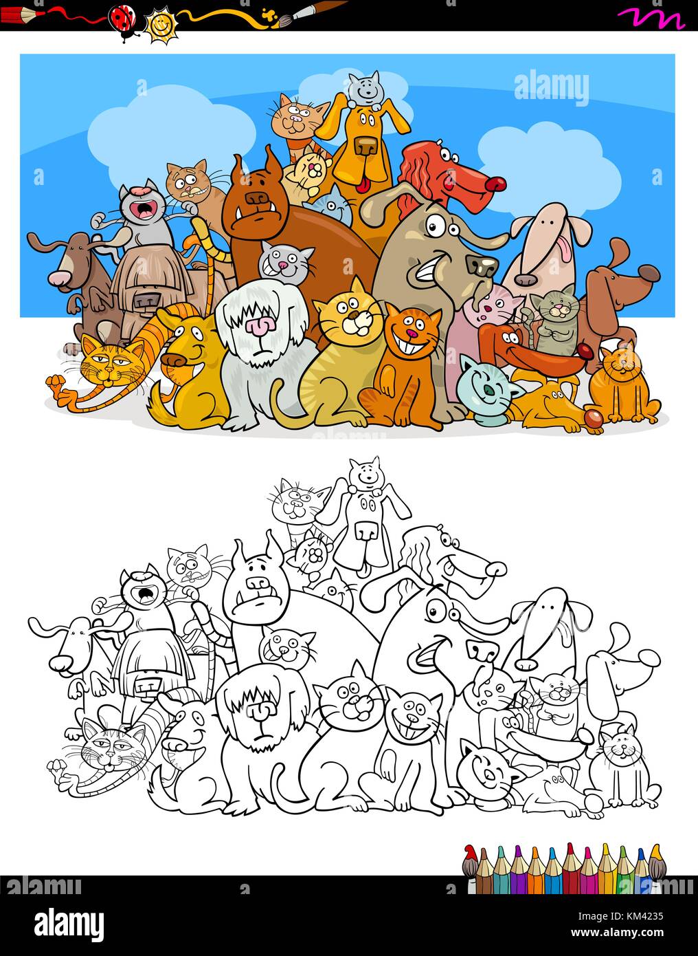 Cartoon illustrazione di cani e gatti personaggi animali colore gruppo attività libro Illustrazione Vettoriale
