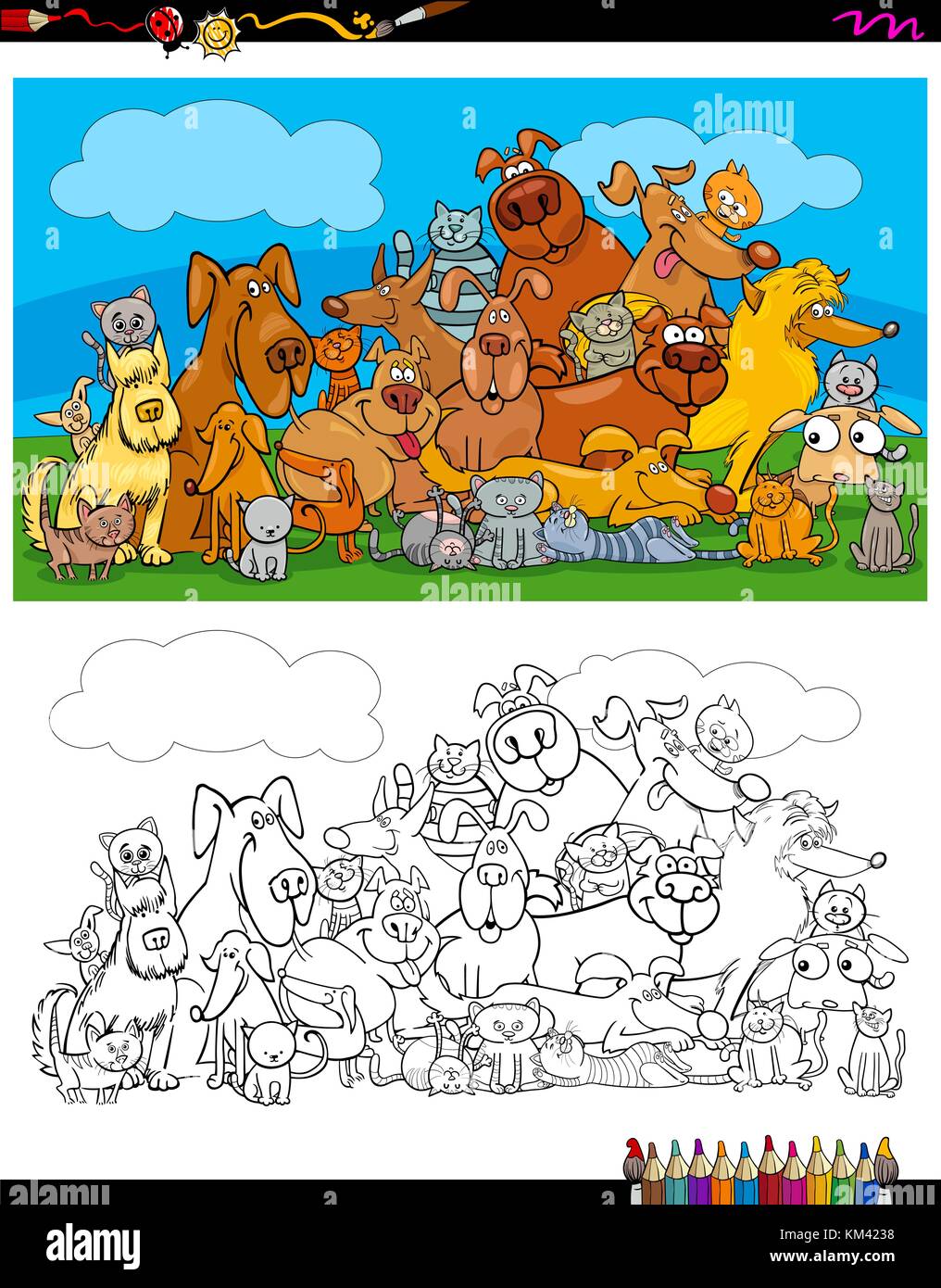 Cartoon illustrazione di cani e gatti personaggi animali colore gruppo attività libro Illustrazione Vettoriale