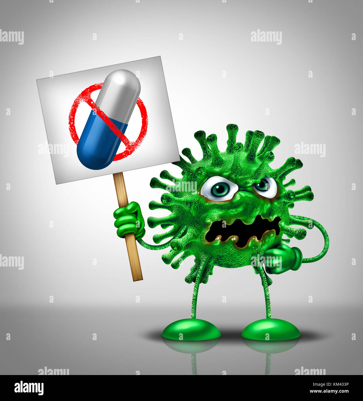 Medical virus concetto di farmaci come una malattia verde mostro di germe di protesta medicina come una pillola di banditi che rappresenta una cura la terapia. Foto Stock