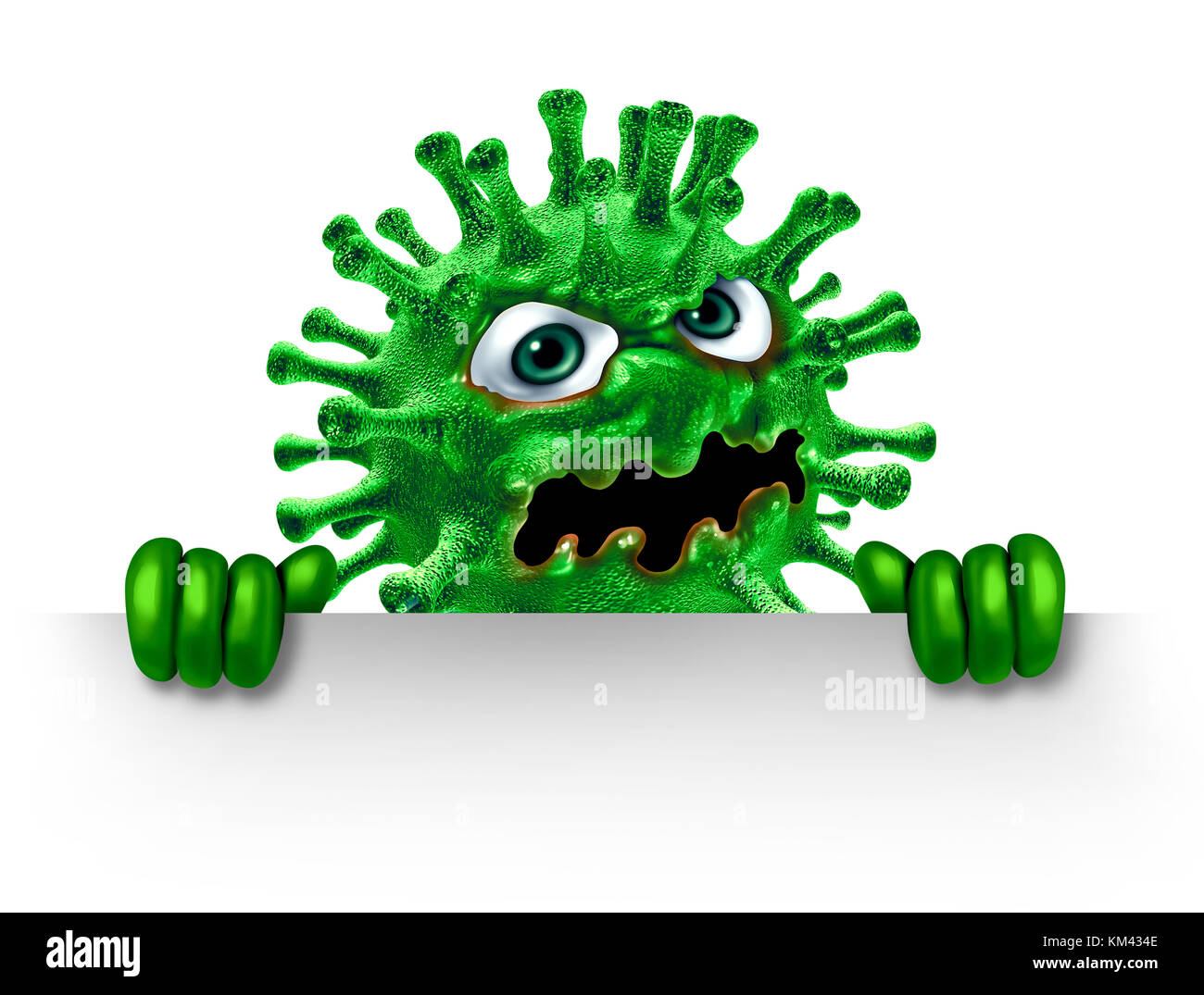 Carattere del virus che detiene un segno vuoto come un mostro verde della malattia come un farmaco sanitario o un simbolo patologico medico come un patogeno. Foto Stock