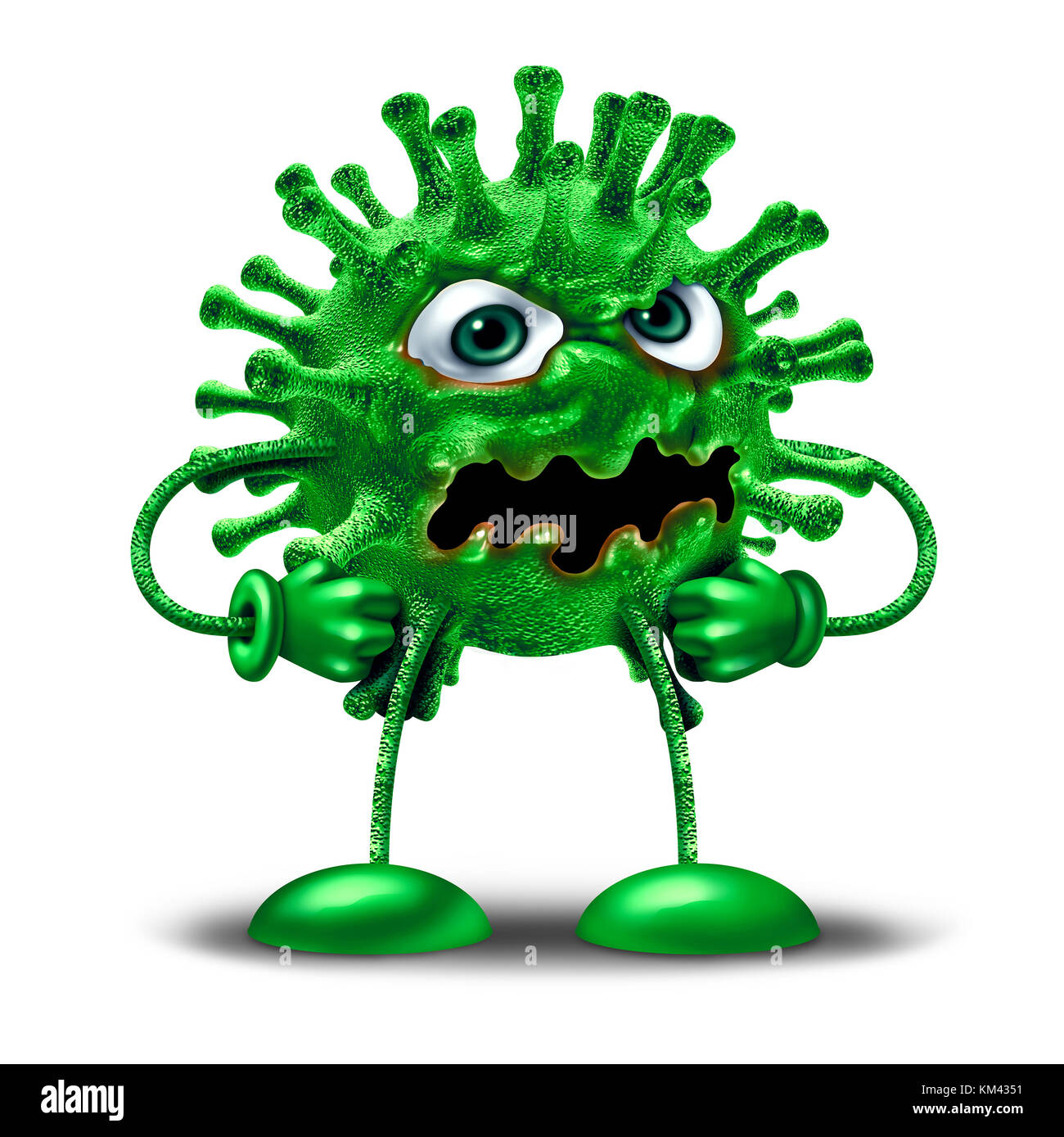 Personaggio del virus dei cartoni animati come una creatura mostro di malattia verde come un simbolo di medicina sanitaria o patologia medica come un patogeno clip art icona. Foto Stock