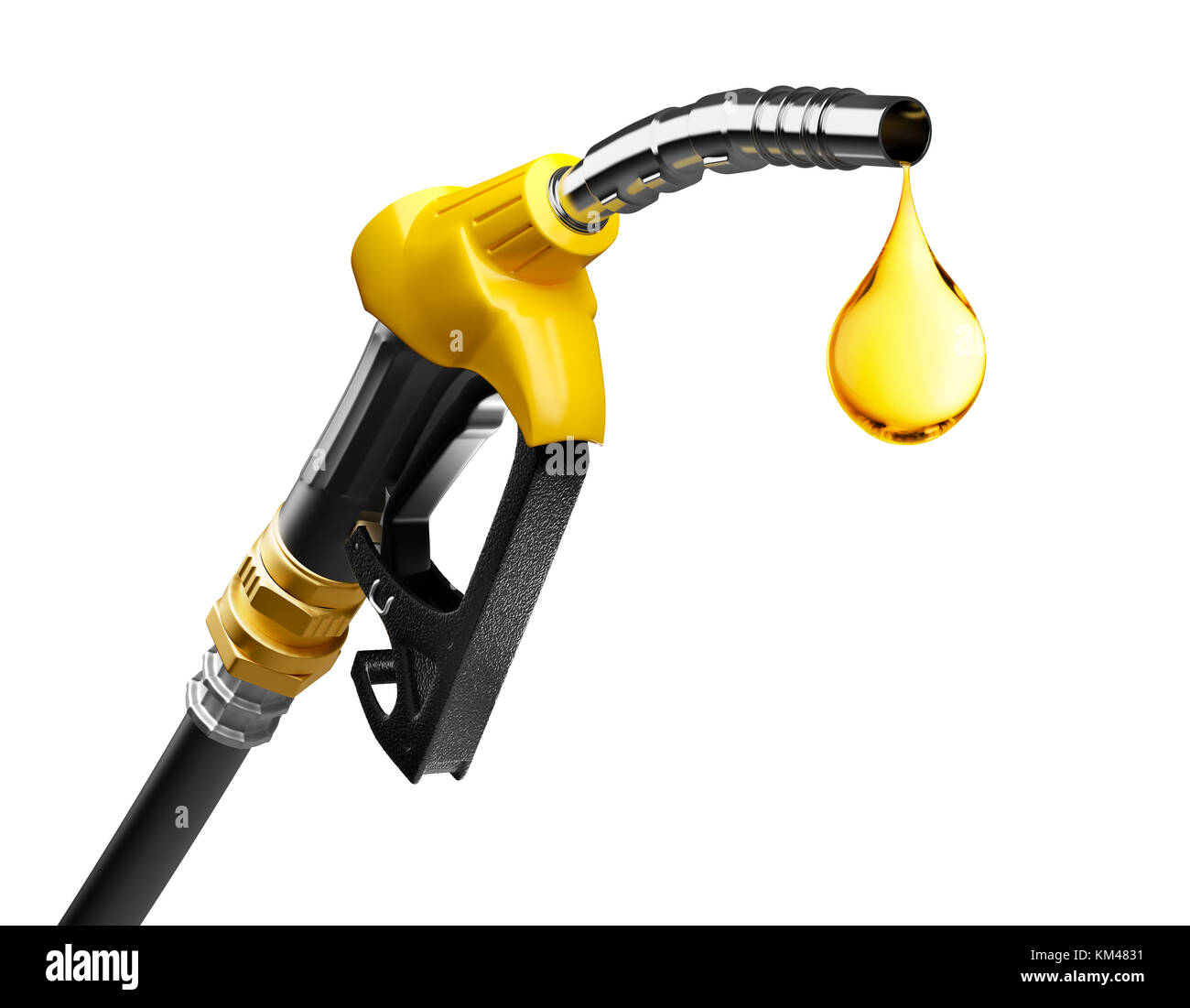 Gocciolamento olio da una pompa di benzina isolati su sfondo bianco Foto Stock
