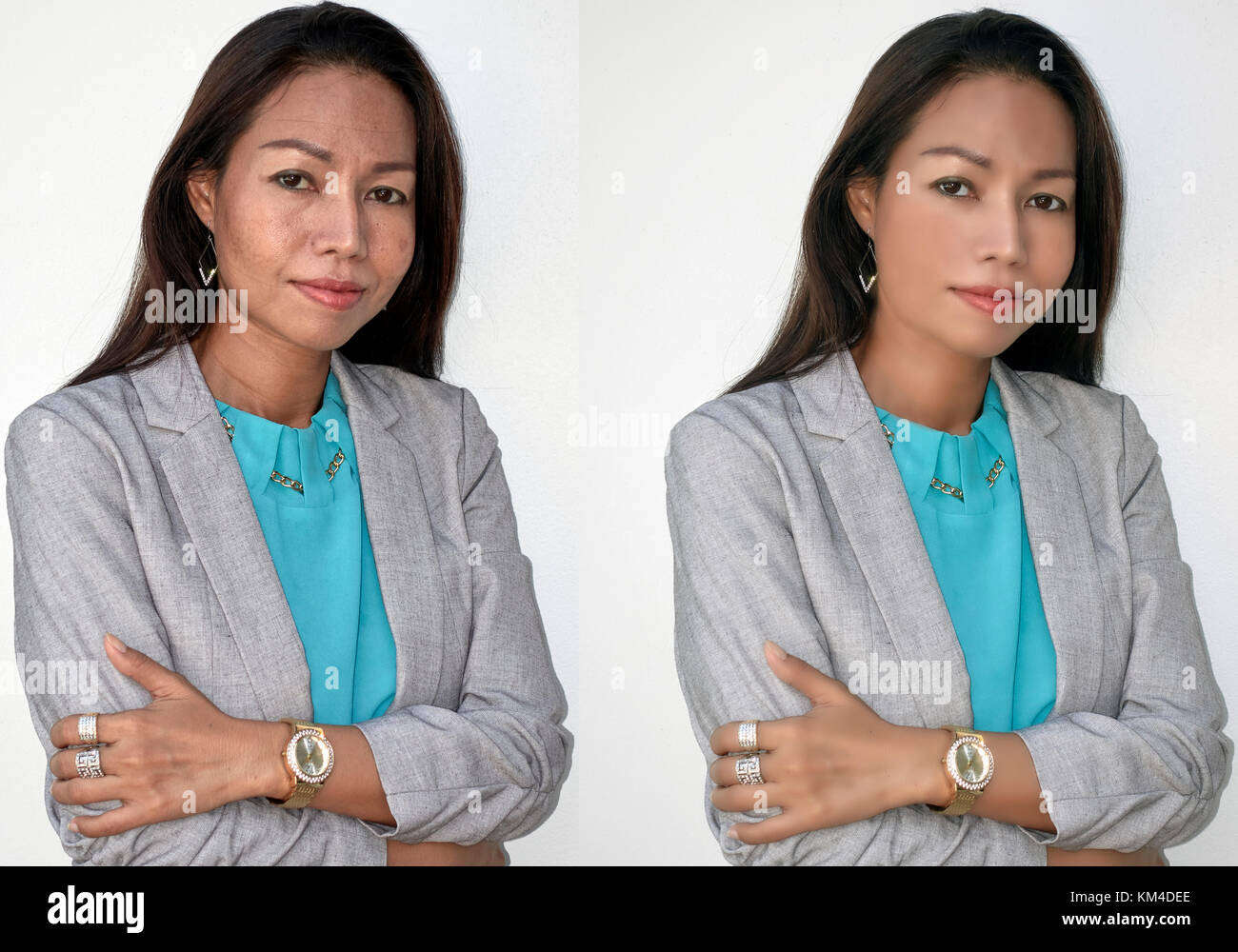 Prima e dopo Photoshop manipolazione e ritocco di un ritratto di una donna matura di 45 anni. Trasformazione digitale Foto Stock