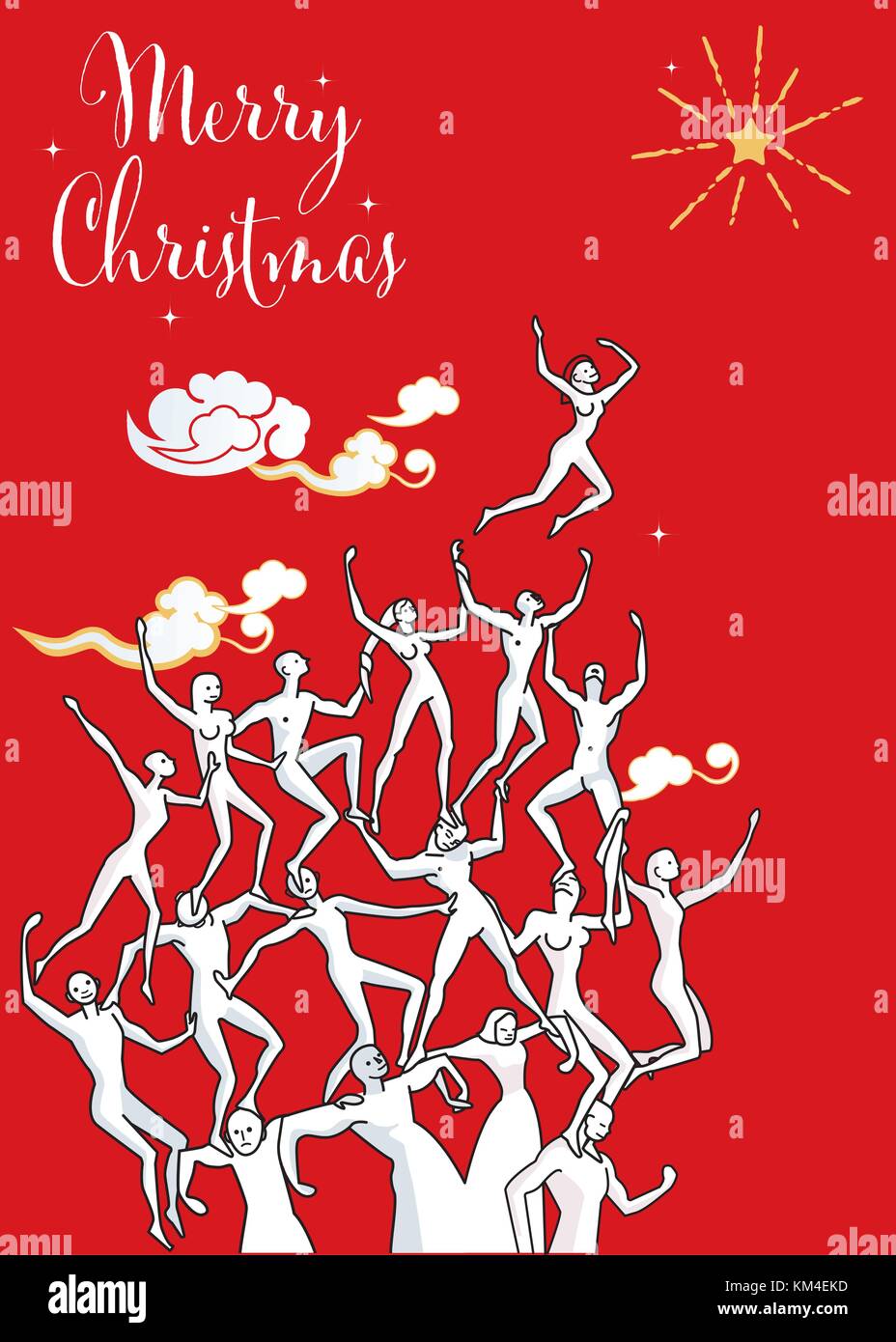 Illustrazione di vettore che rappresenta il positivo del lavoro di squadra per raggiungere obiettivi. un gruppo di persone supportato per costruire una torre umana per raggiungere una stella. Illustrazione Vettoriale