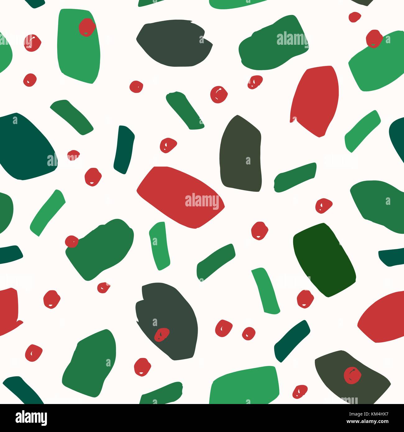 Natale seamless schema di ripetizione con pennellate di verde e rosso e punti su sfondo bianco. holiday gift wrap, biglietto di auguri, wallpaper design. Illustrazione Vettoriale