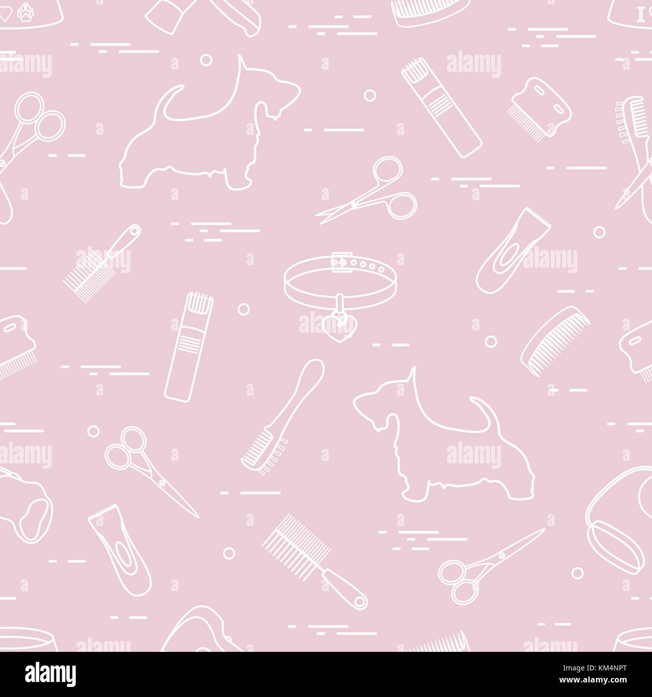 Modello con il cane, pettini, collare, guinzaglio, rasoio, asciugacapelli, ciotola, forbici. health care, toelettatura, prendersi cura di un cane, mostra. Illustrazione Vettoriale