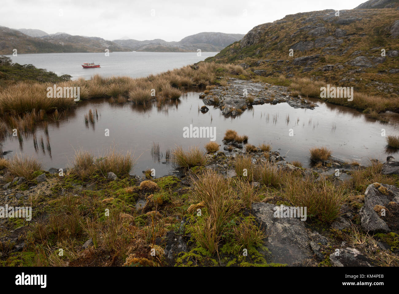 Una barca ormeggiato a una remota isola nel sud fiordi cileni Foto Stock