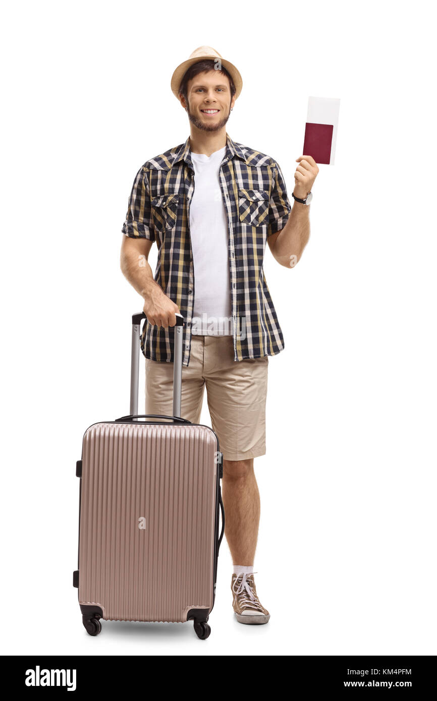 A piena lunghezza Ritratto di un turista con una valigia e passaporto isolati su sfondo bianco Foto Stock