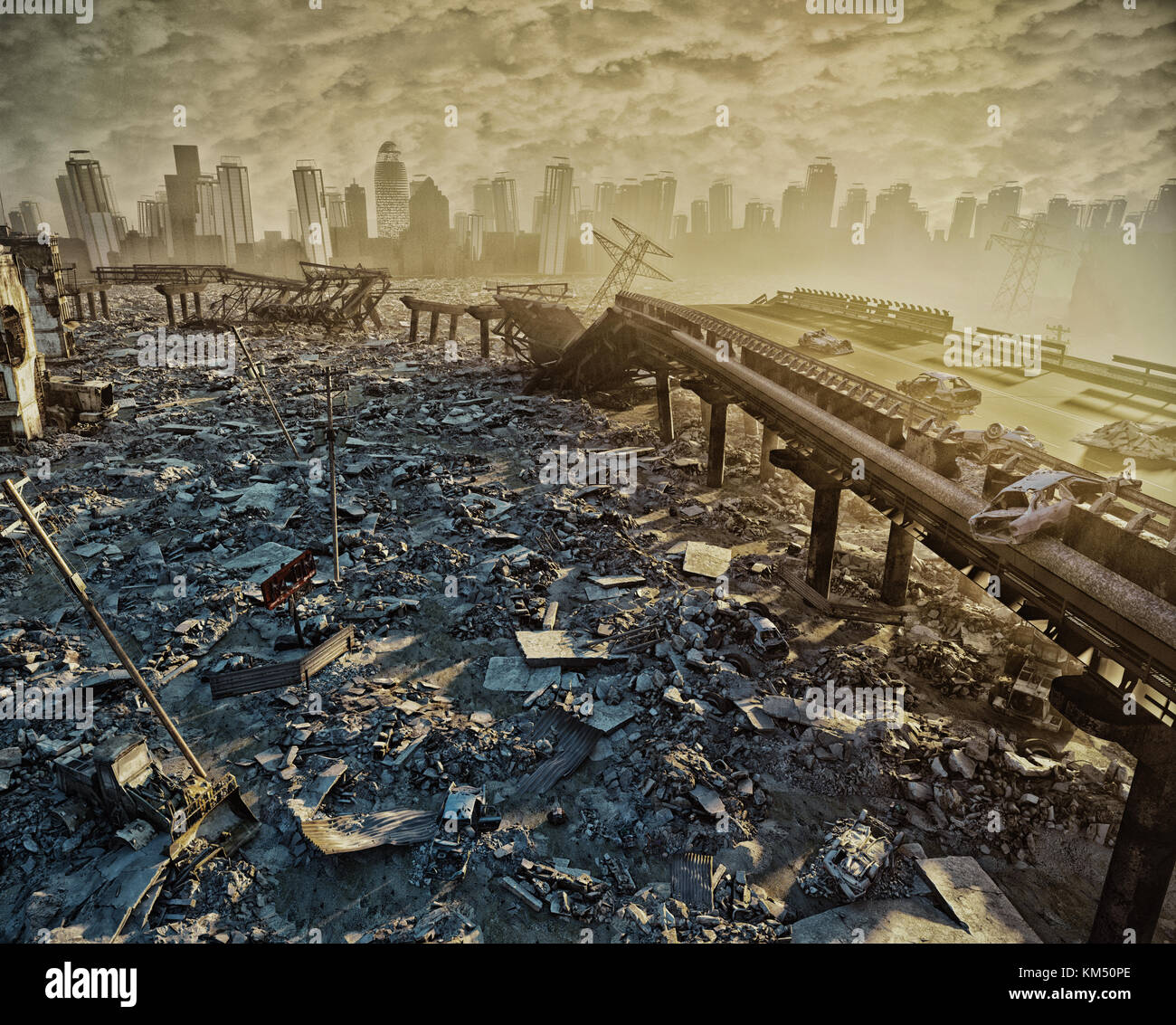 Rovine della città. Paesaggio apocalittico.3d illustrazione concept Foto Stock