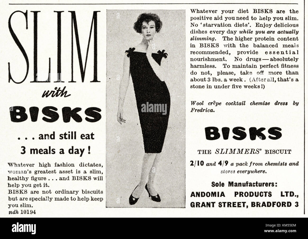 1950s vecchia vendetta originale rivista britannica pubblicità a mezzo stampa Bisks Slimmers Biscuit by Andomia Products Ltd of Bradford England UK datata 1958 Foto Stock