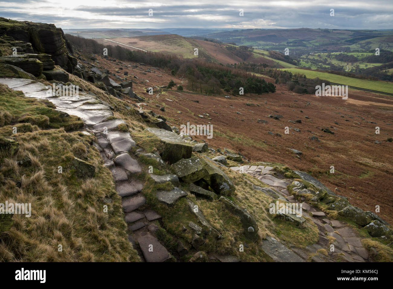 Il percorso che conduce verso il basso dal bordo stanage nel parco nazionale di Peak District, Derbyshire, in Inghilterra. Foto Stock