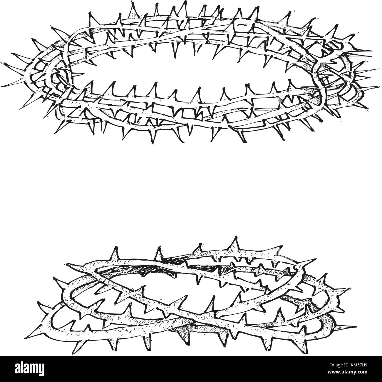 Illustrazione disegnata a mano Collezione sketch di due corona di spine dalla terra santa isolati su sfondo bianco. Illustrazione Vettoriale