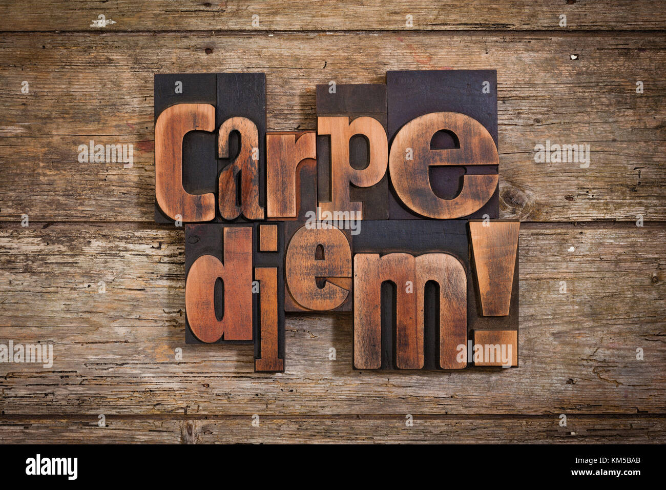 Carpe Diem, frase insieme con l'annata tipografia su blocchi di legno rustico sfondo Foto Stock