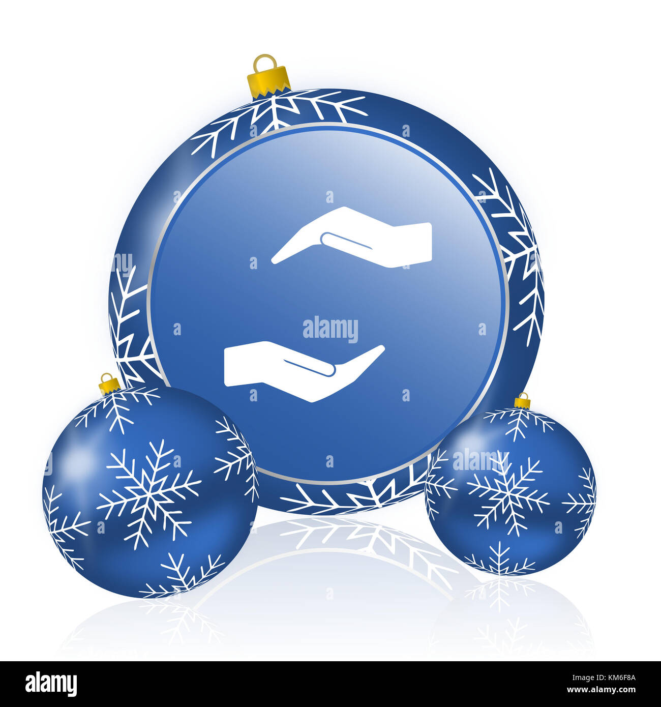 Icona di palline natalizie blu mani per la cura dell'uomo Foto Stock