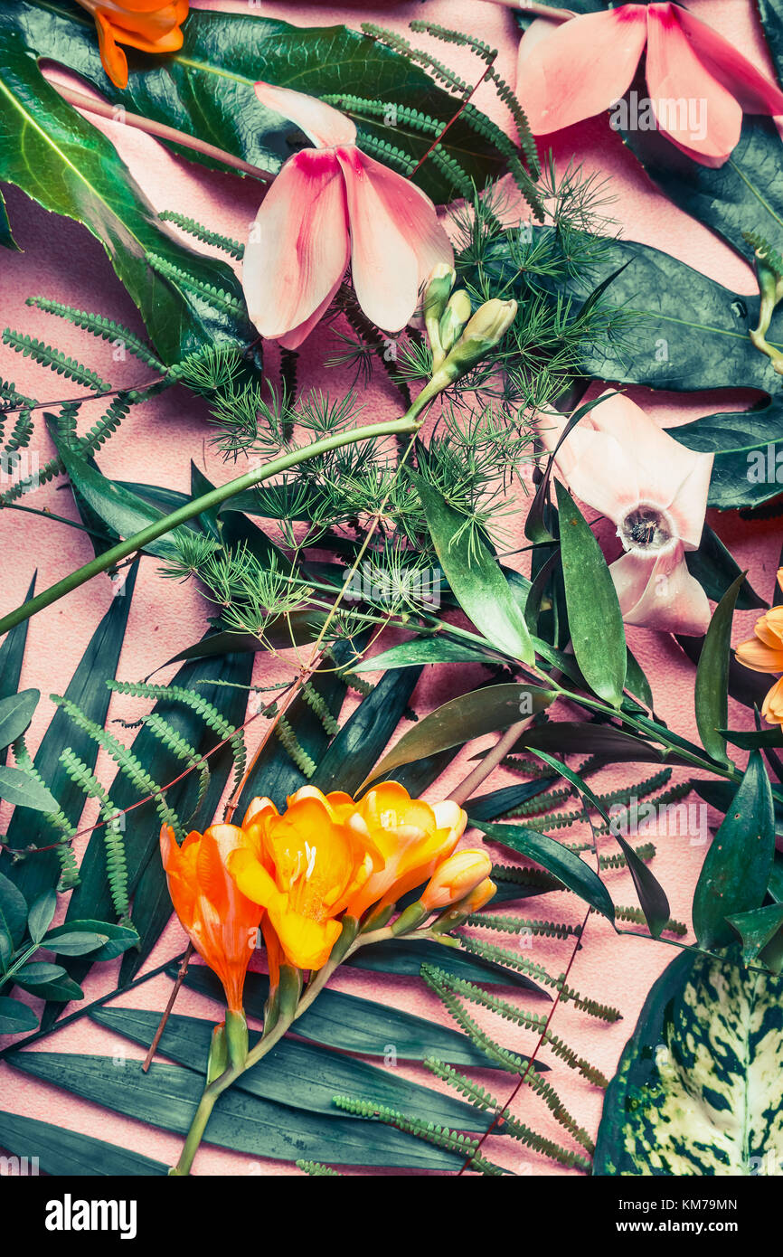 Vari verde foglie tropicali e fiori esotici , natura laici piatta sul rosa pastello sfondo, vista dall'alto Foto Stock