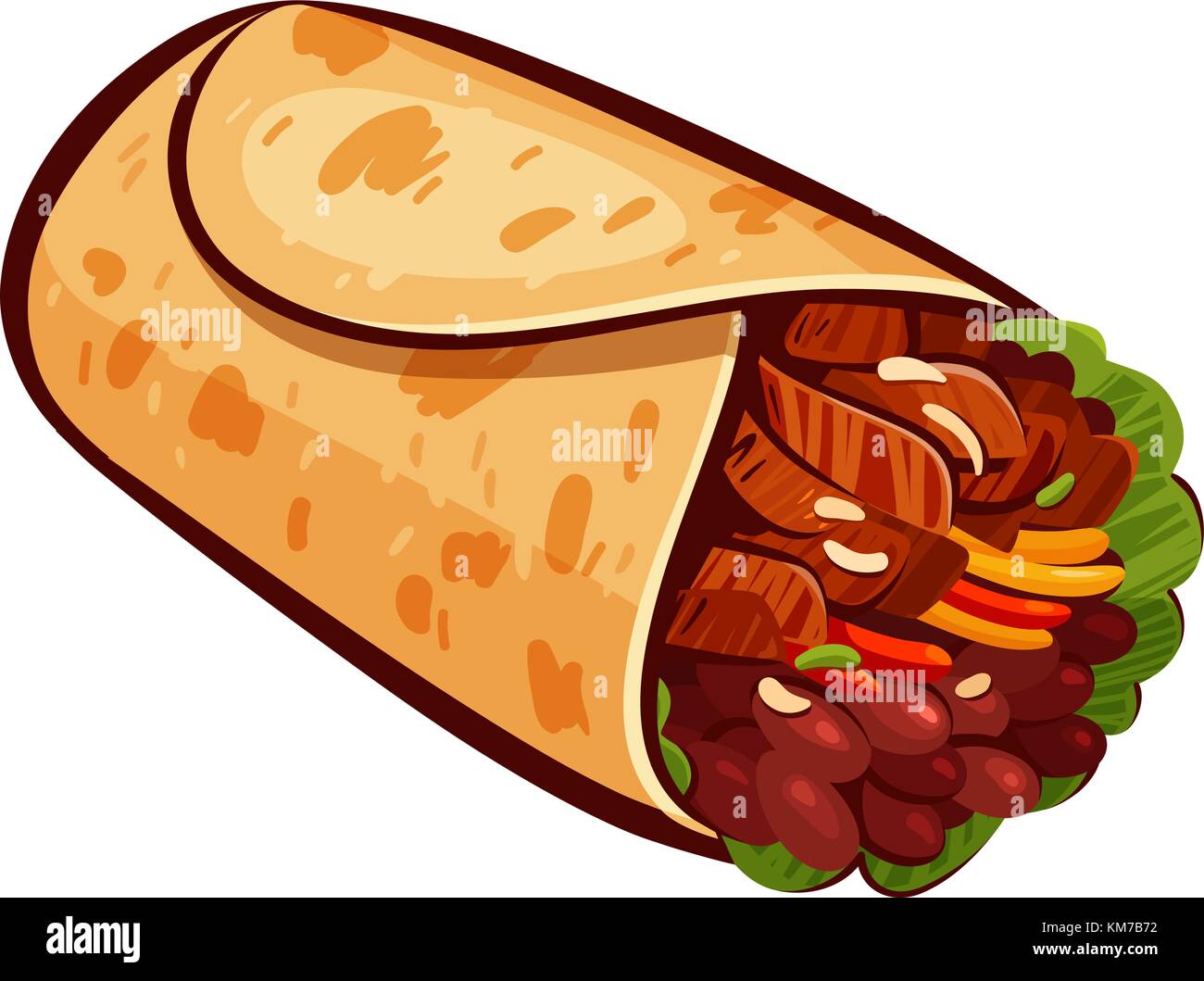 Burrito. Elemento del menu o del ristorante. Cibo messicano, pasto, concetto di ristorazione. Illustrazione vettoriale dei cartoni animati Illustrazione Vettoriale