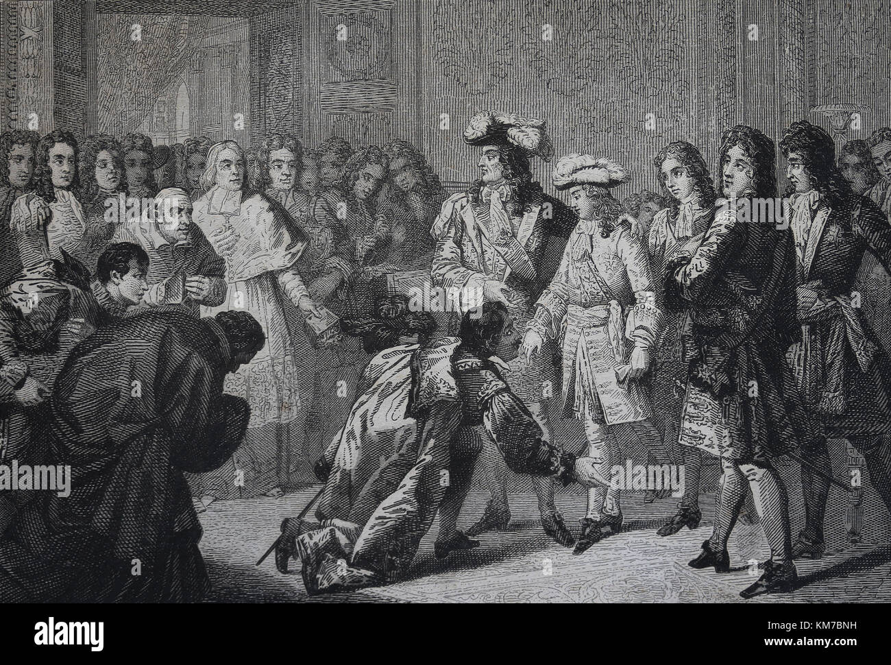 Proclamaion di Filippo V (1683-1746) come re di Spagna nel palazzo di Versailles, 1700. incisione del XIX secolo. Foto Stock