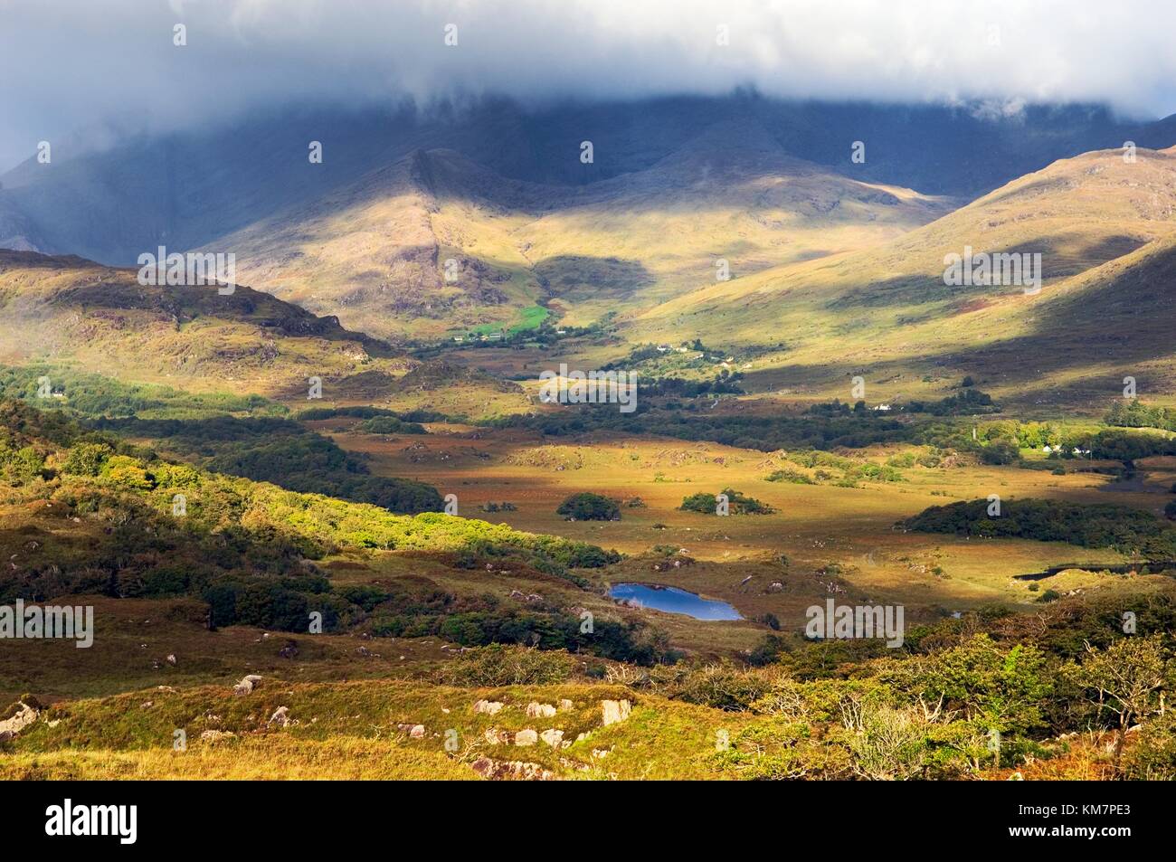 A ovest, sopra le fattorie collinari alla testa della valle del fiume Owenreagh sopra i laghi di Killarney, contea di Kerry, Irlanda Foto Stock