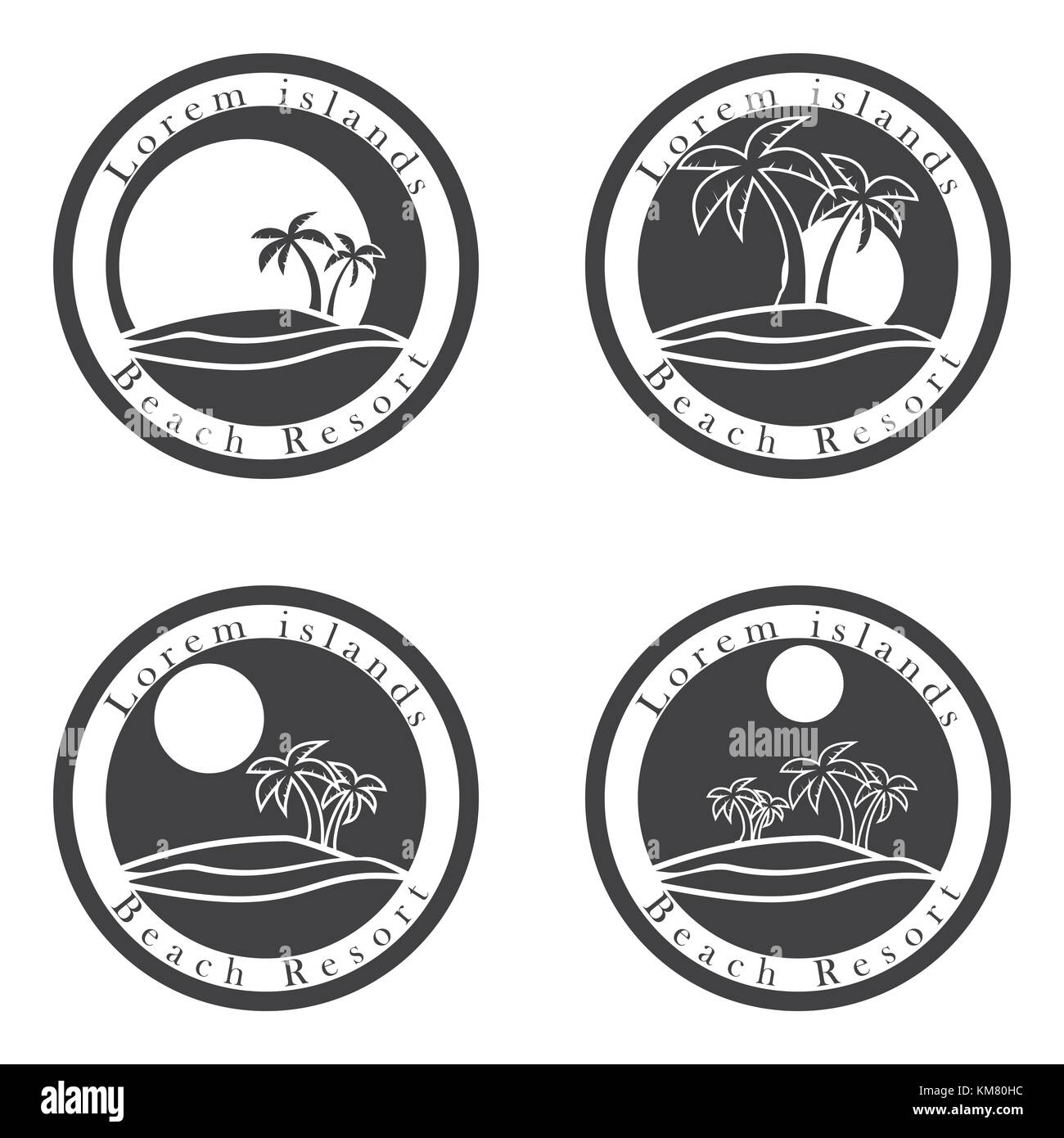 Palme e sun beach resort logo design modello. isola tropicale o vacanza icon set. Illustrazione Vettoriale