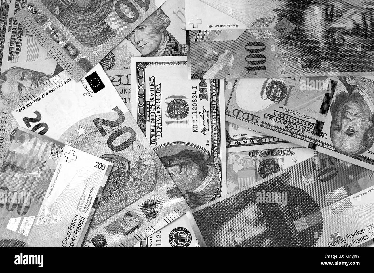 Abstract dollar euro Swiss franc sfondo bianco e nero Foto Stock