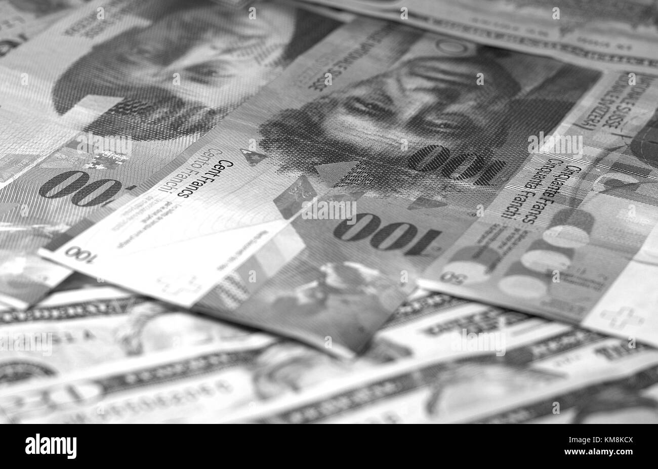 Abstract dollar euro Swiss franc sfondo bianco e nero Foto Stock
