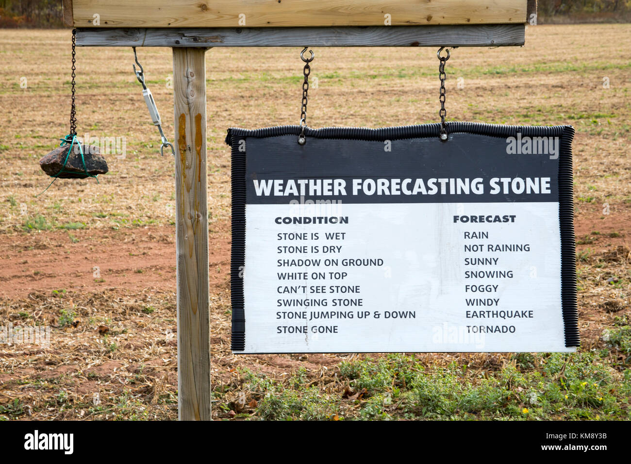 Segno umoristico per le previsioni meteorologiche in Prince Edward Island, Canada. Foto Stock