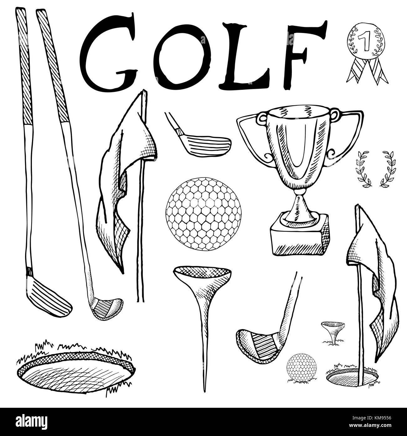 Golf sport mano bozzetto imposta illustrazione vettoriale con i golf club a sfere, tee, il foro con la bandiera e il premio Coppa, scarabocchi di disegno raccolta di elementi, ho Illustrazione Vettoriale