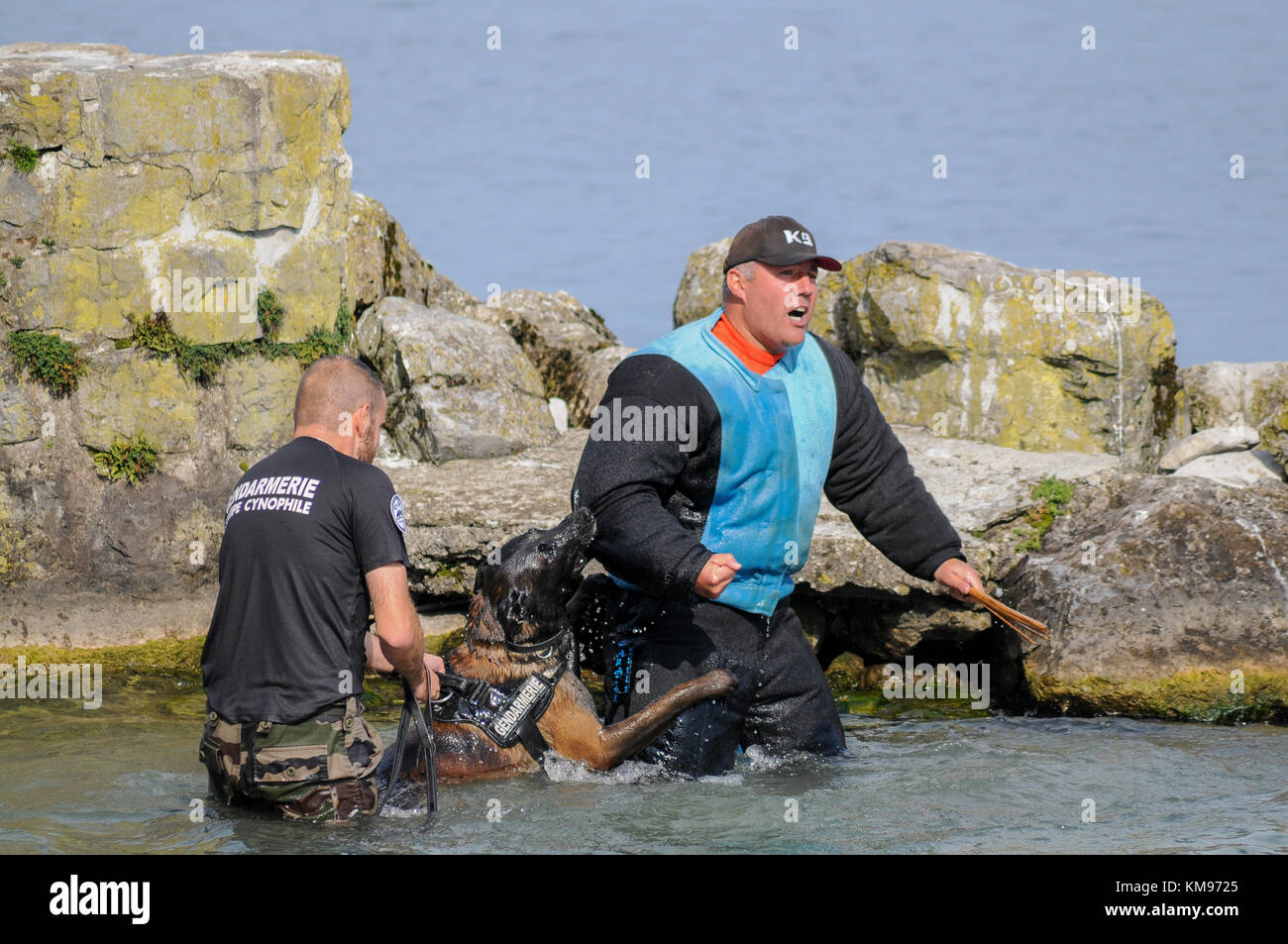 I gendarmi francesi e svizzeri partecipano a un'esercitazione di lifesize al lago Leman, Savoia, Francia Foto Stock