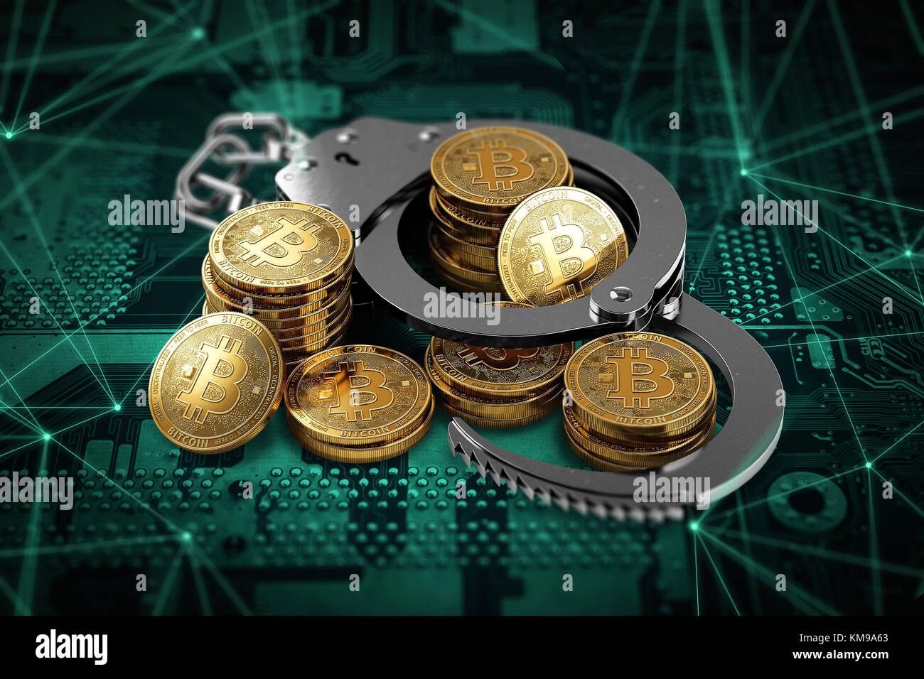 Bitcoin in manette come più istituto bancario vuole divieto per BTC concetto. Il rendering 3D Foto Stock