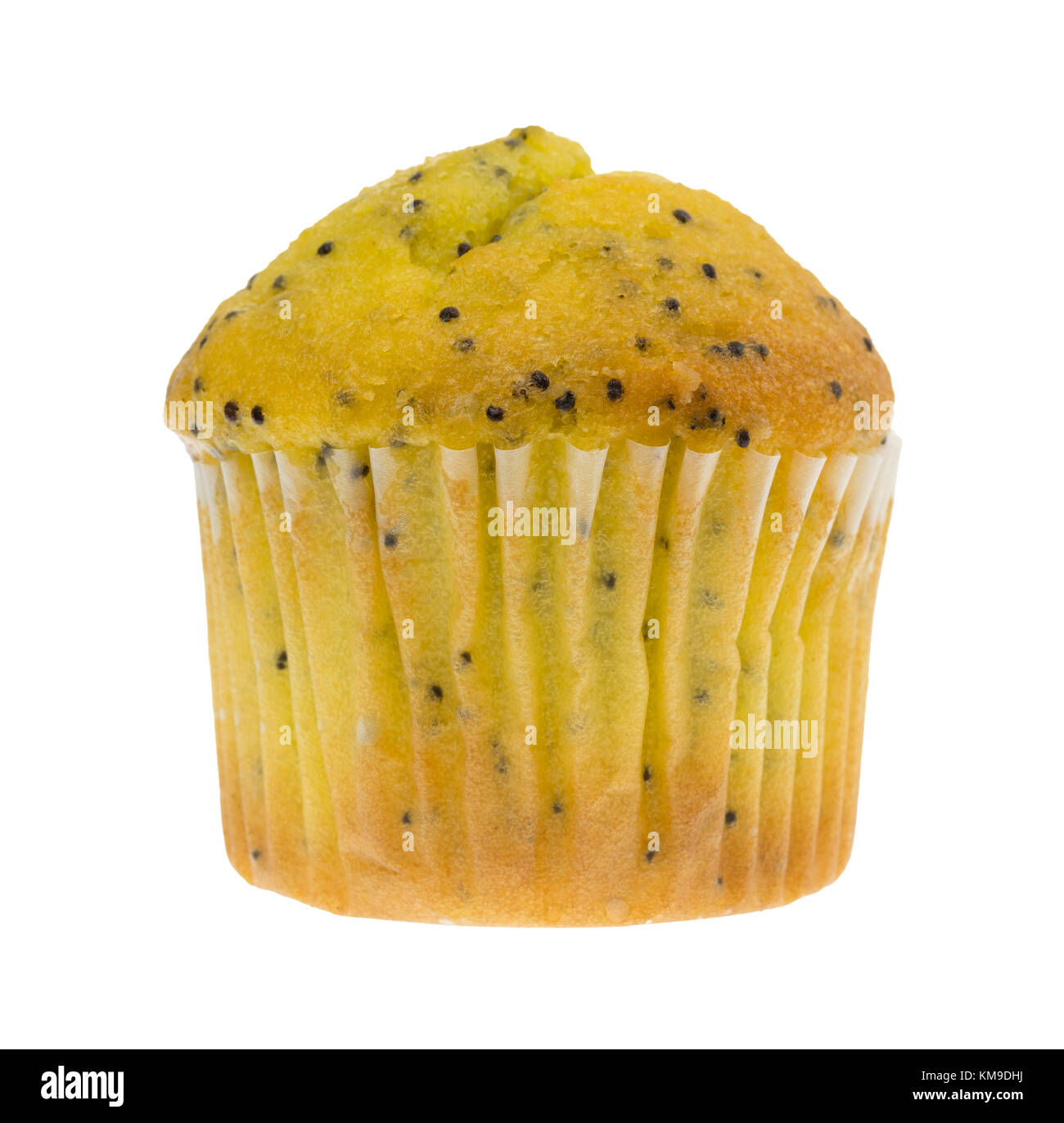 Vista laterale di un unico morso dimensioni limone semi di papavero muffin isolato su uno sfondo bianco. Foto Stock
