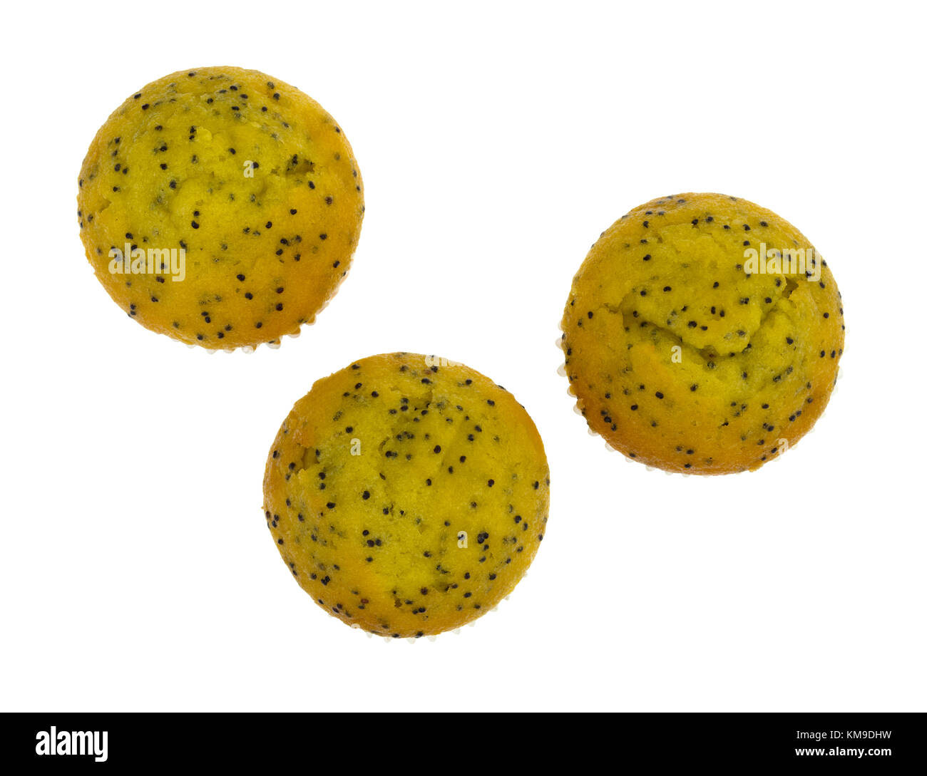 Vista superiore di tre dimensioni del morso di limone semi di papavero muffin isolato su uno sfondo bianco. Foto Stock