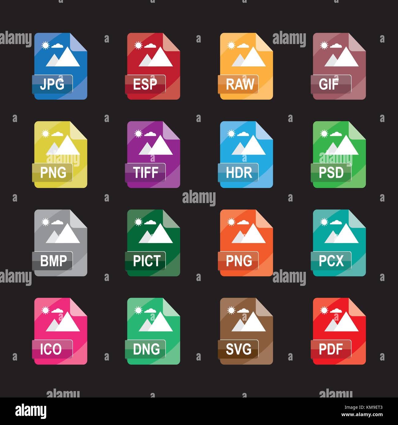 Formati di file immagine, estensioni file flat colorate icone vettoriali, isolato su sfondo bianco. Illustrazione Vettoriale