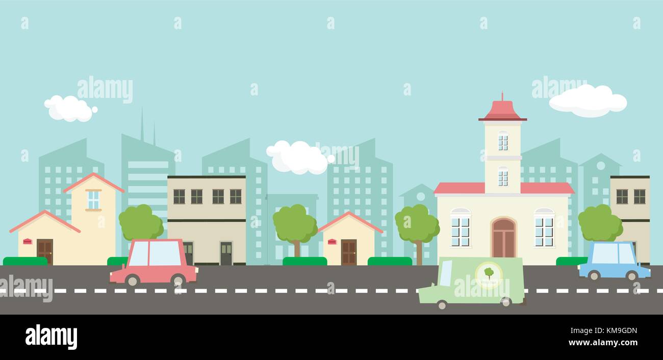 Strada nel parco pubblico con la natura del paesaggio e auto , edificio sfondo illustrazione vettoriale.strada principale vettore di scena.strada di città con lo sfondo del cielo Illustrazione Vettoriale