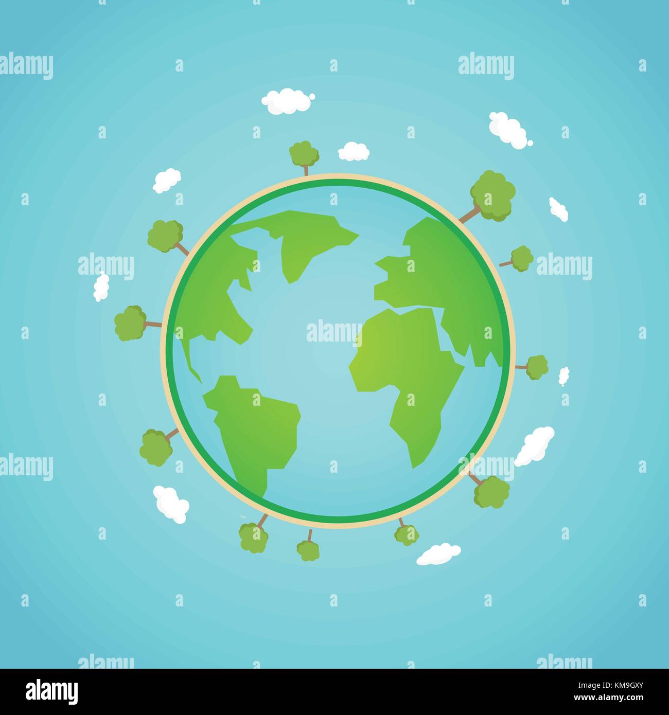 Massa eco concetto globale illustrazione vettoriale.mondo verde con struttura ad albero e nubi intorno.pianeta globe con la natura e con lo sfondo del cielo Illustrazione Vettoriale