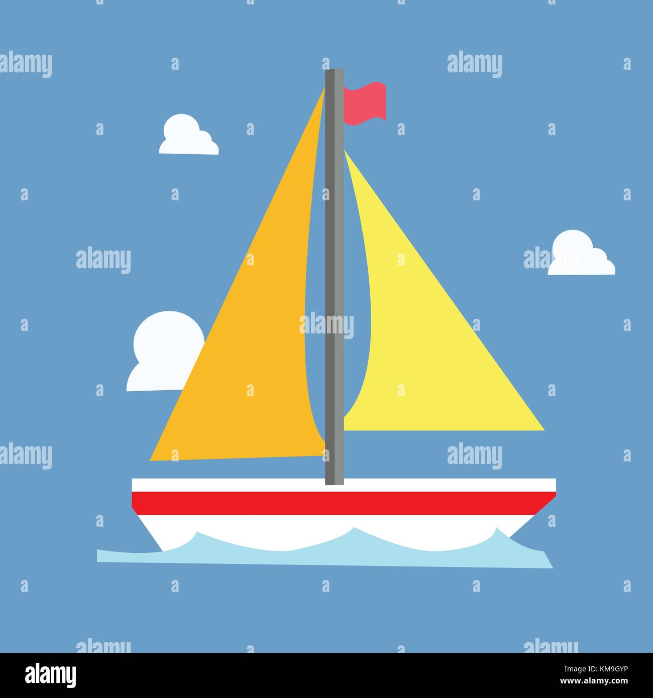 Giallo in barca a vela con onda blu e nuvole isolato vettore di fondo.nave che naviga sul mare Illustrazione Vettoriale