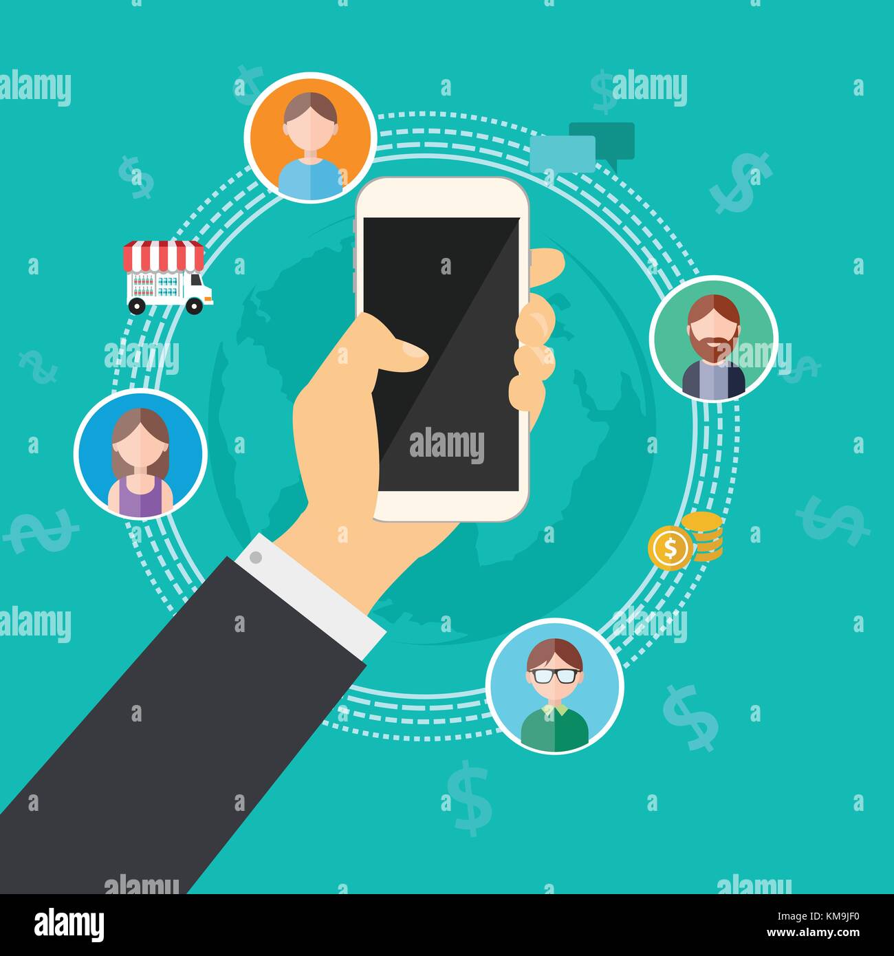 Collegamento aziendale con telefono cellulare illustrazione vettoriale.business mano azienda telefono con denaro di collegamento mondiale people.communication denaro online un Illustrazione Vettoriale