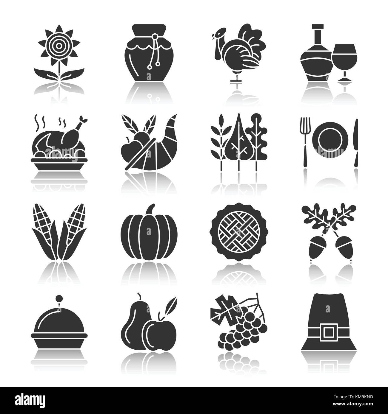 La Giornata del ringraziamento silhouette nera con la riflessione icon set. Monocromatico design piatto di raccolta di simbolo. Zucca, cornucopia, Turchia, verdure, vacanze Illustrazione Vettoriale